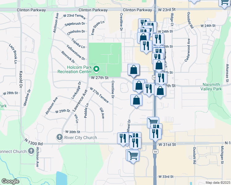 map of restaurants, bars, coffee shops, grocery stores, and more near 2719 Crestline Drive in Lawrence