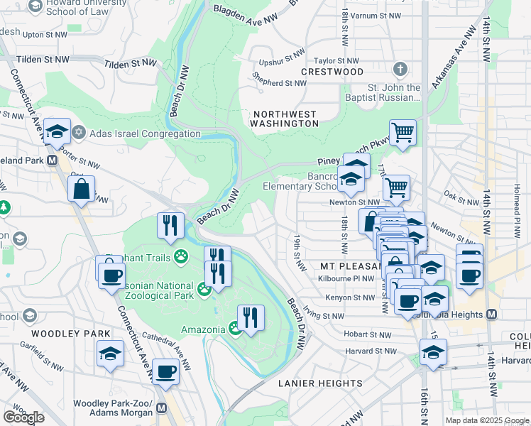 map of restaurants, bars, coffee shops, grocery stores, and more near 2018 Pierce Mill Road Northwest in Washington