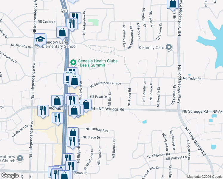 map of restaurants, bars, coffee shops, grocery stores, and more near 1123 Northeast Deerbrook Terrace in Lee's Summit