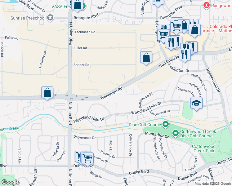 map of restaurants, bars, coffee shops, grocery stores, and more near 3047 East Woodmen Road in Colorado Springs