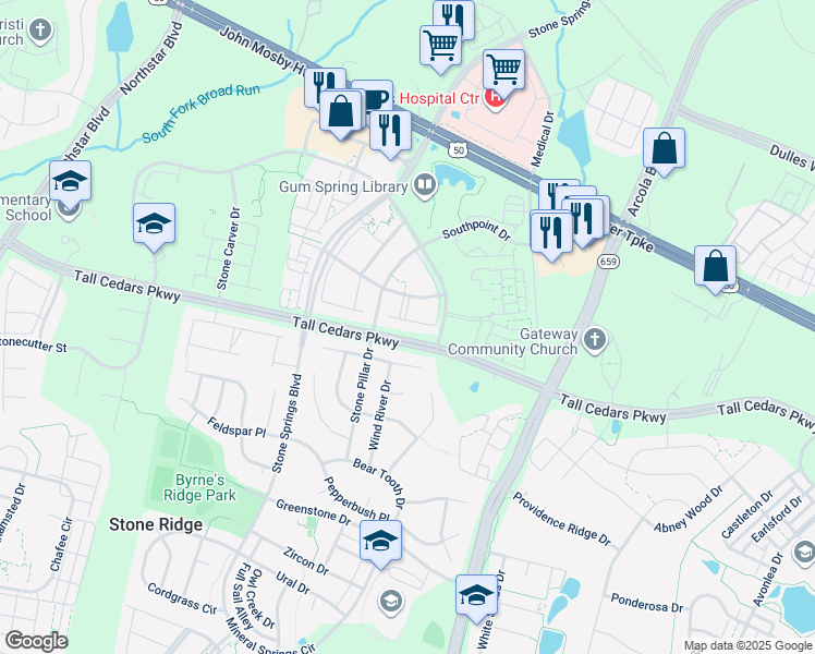 map of restaurants, bars, coffee shops, grocery stores, and more near 24732 Clock Tower Square in Stone Ridge