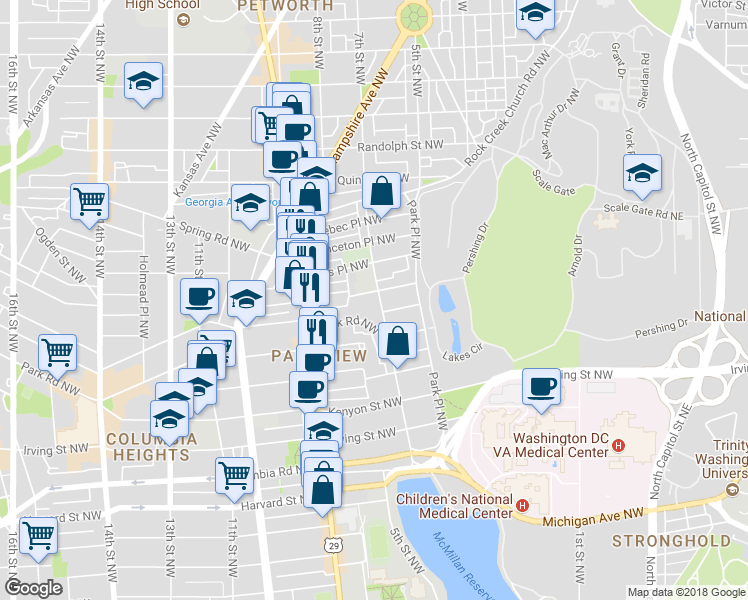 map of restaurants, bars, coffee shops, grocery stores, and more near 3552 Warder Street Northwest in Washington