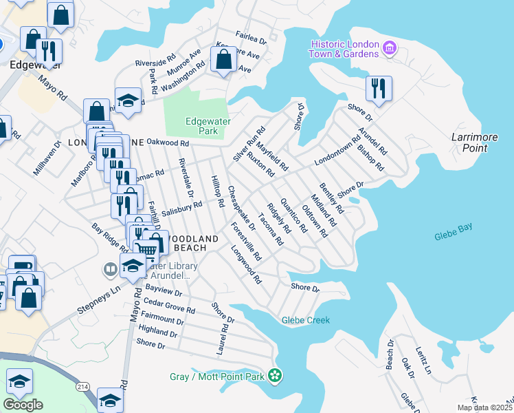 map of restaurants, bars, coffee shops, grocery stores, and more near 1705 Tacoma Road in Edgewater