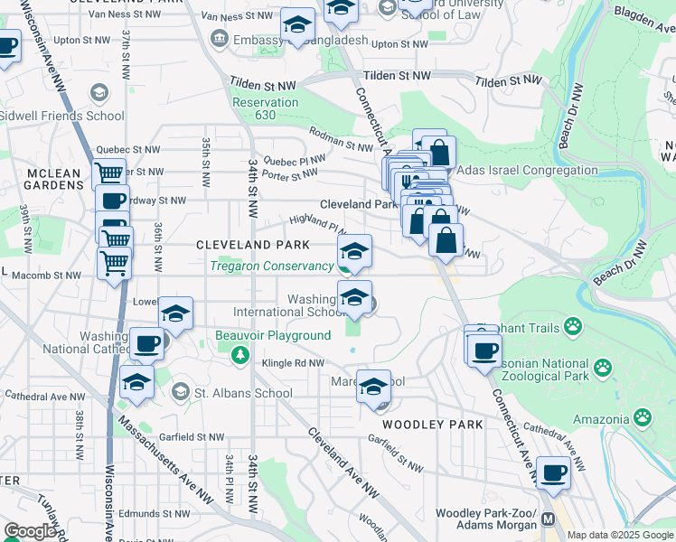 map of restaurants, bars, coffee shops, grocery stores, and more near 3107 Macomb Street Northwest in Washington