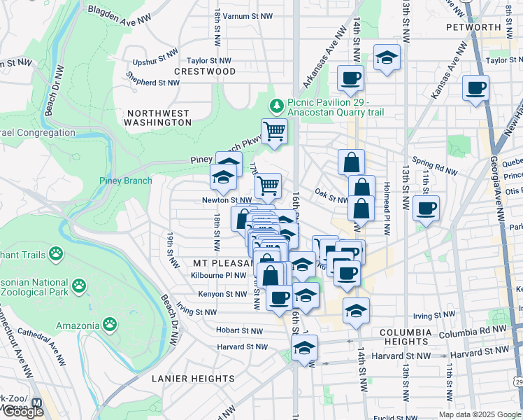 map of restaurants, bars, coffee shops, grocery stores, and more near 3341 17th Street Northwest in Washington
