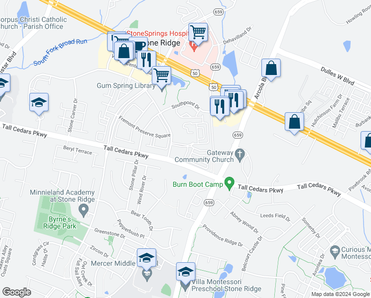 map of restaurants, bars, coffee shops, grocery stores, and more near 24737 Stone Station Terrace in Aldie