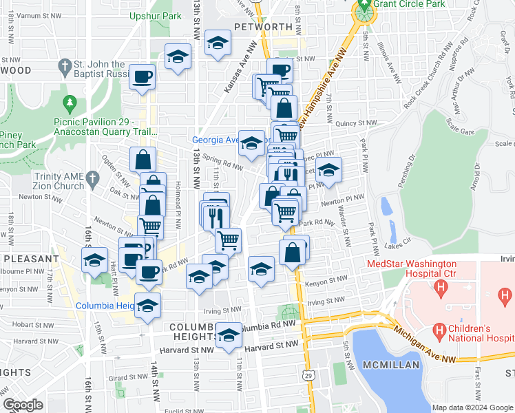 map of restaurants, bars, coffee shops, grocery stores, and more near 3529 New Hampshire Avenue Northwest in Washington