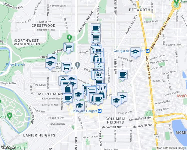 map of restaurants, bars, coffee shops, grocery stores, and more near 1417 Meridian Place Northwest in Washington