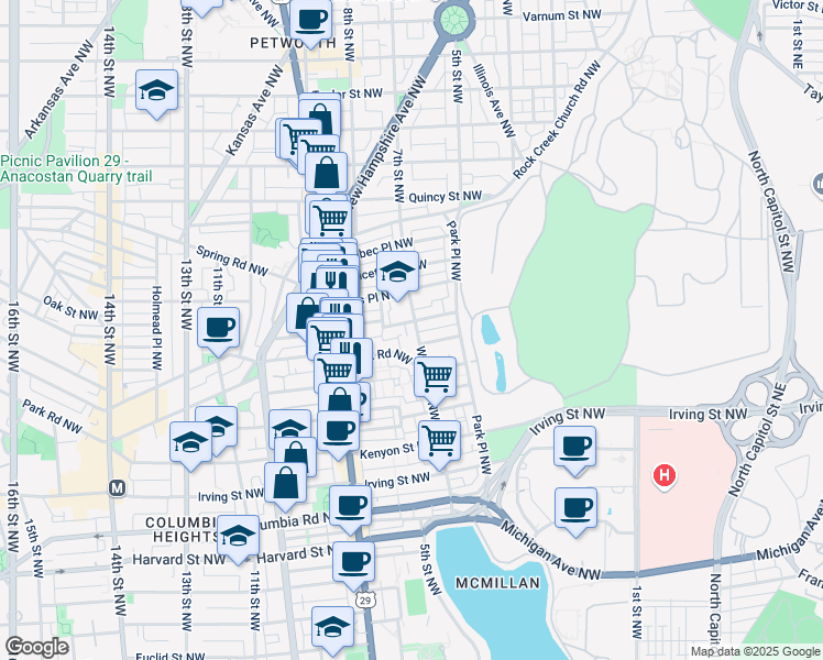 map of restaurants, bars, coffee shops, grocery stores, and more near 3552 Warder Street Northwest in Washington