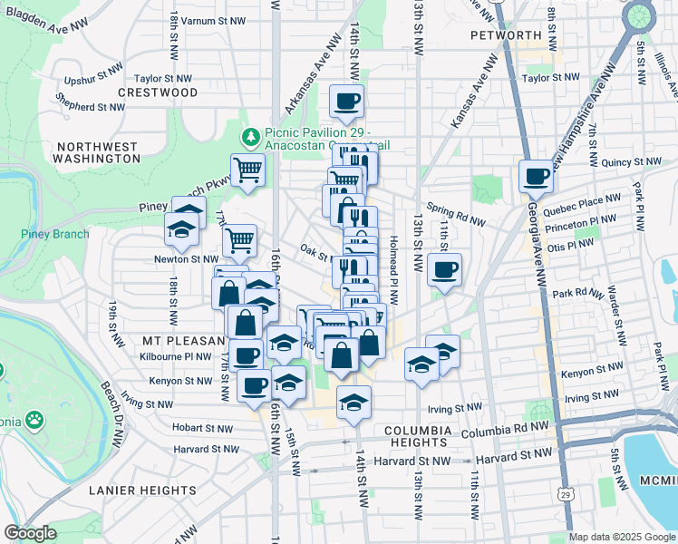 map of restaurants, bars, coffee shops, grocery stores, and more near 1417 Meridian Place Northwest in Washington