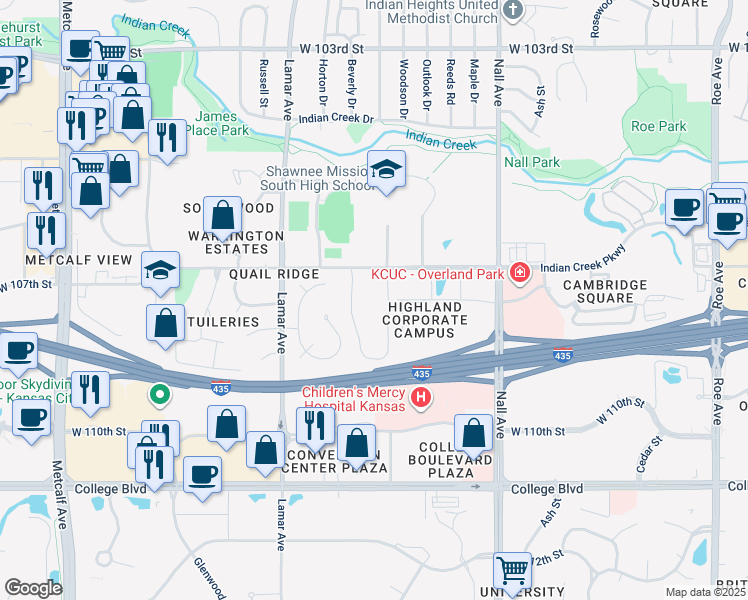 map of restaurants, bars, coffee shops, grocery stores, and more near 5901 West 107th Street in Overland Park