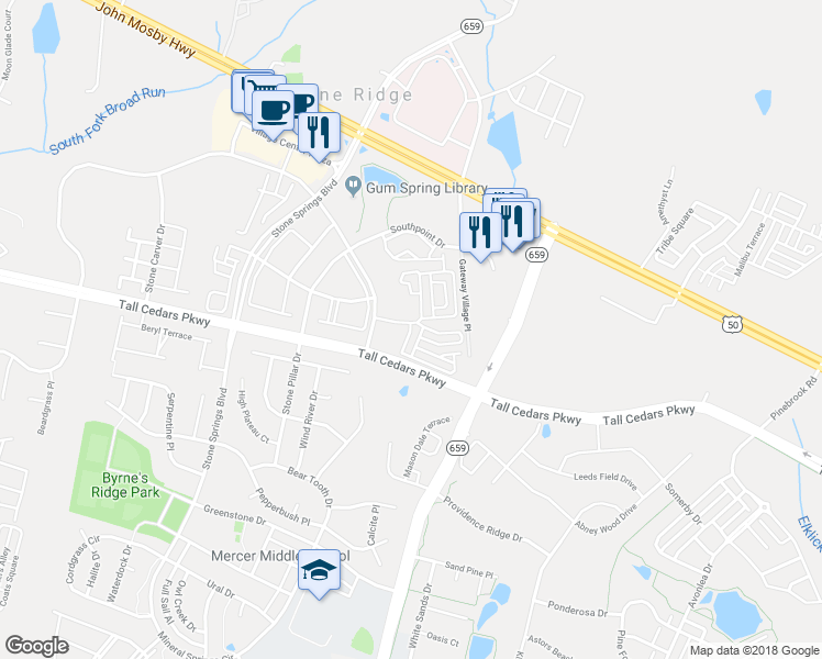 map of restaurants, bars, coffee shops, grocery stores, and more near 24740 Stone Station Terrace in Aldie