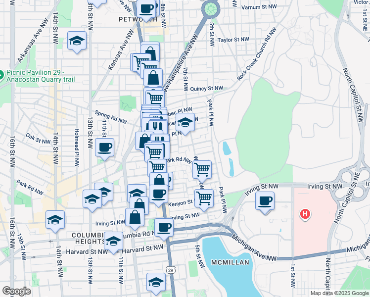map of restaurants, bars, coffee shops, grocery stores, and more near 518 Newton Place Northwest in Washington