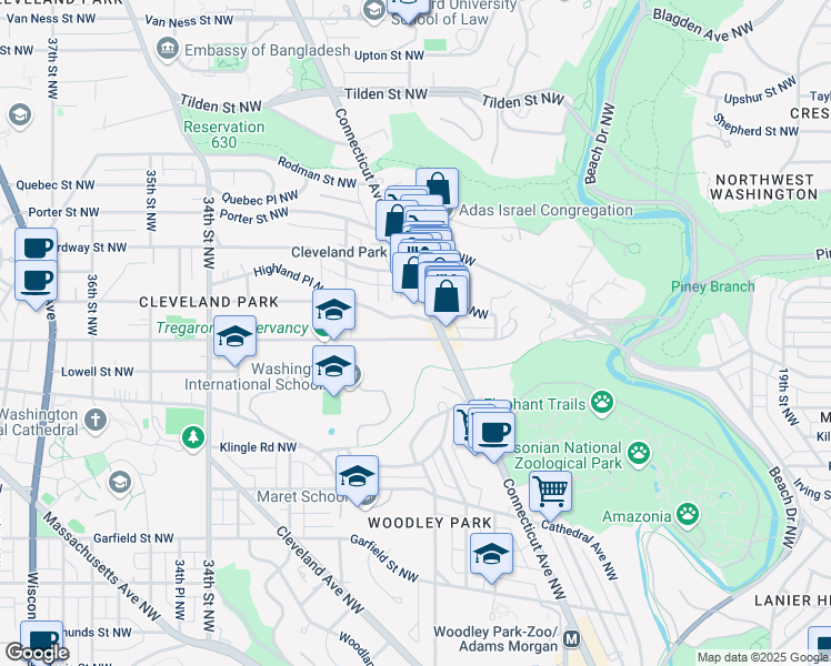 map of restaurants, bars, coffee shops, grocery stores, and more near 2927 Macomb Street Northwest in Washington