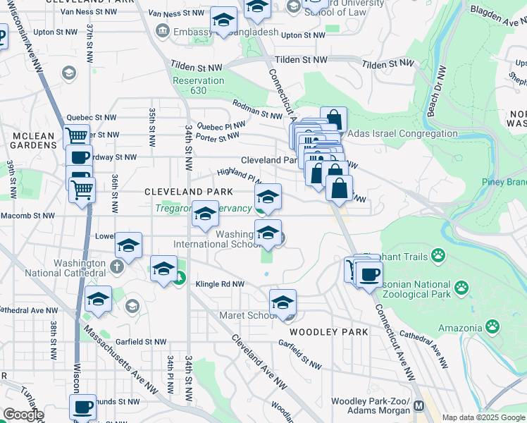 map of restaurants, bars, coffee shops, grocery stores, and more near 3101 Macomb Street Northwest in Washington