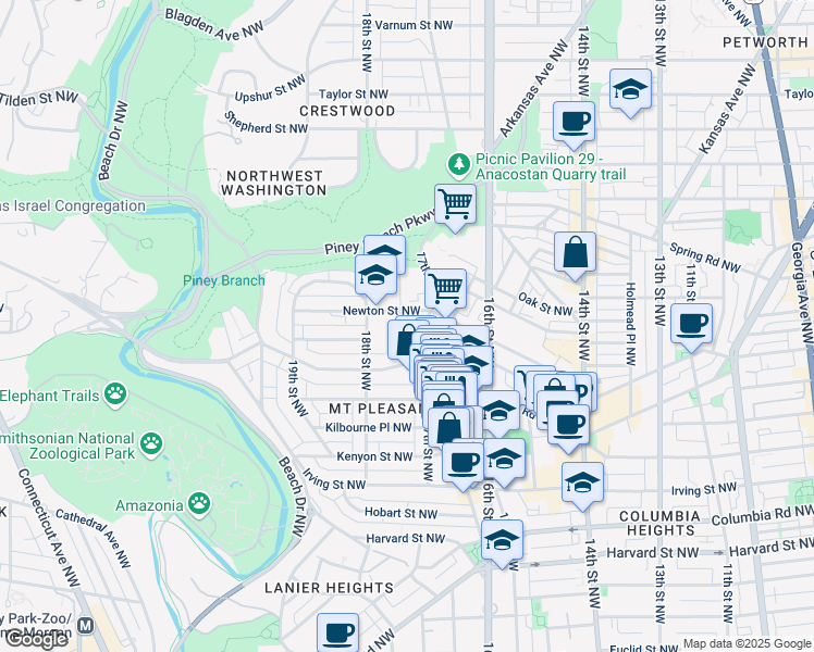 map of restaurants, bars, coffee shops, grocery stores, and more near 3339 Mount Pleasant Street Northwest in Washington