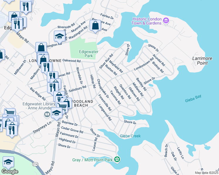 map of restaurants, bars, coffee shops, grocery stores, and more near 1705 Tacoma Road in Edgewater