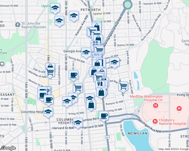 map of restaurants, bars, coffee shops, grocery stores, and more near 739 Newton Place Northwest in Washington