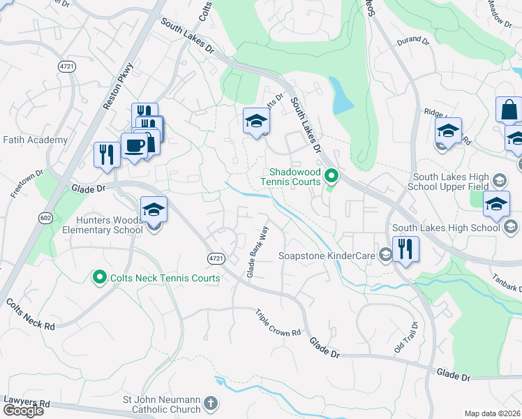 map of restaurants, bars, coffee shops, grocery stores, and more near 2307 Middle Creek Lane in Reston