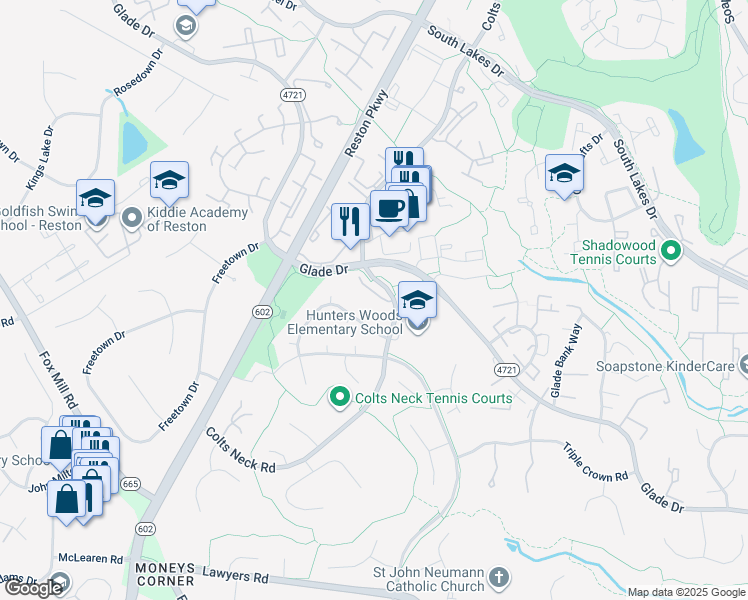 map of restaurants, bars, coffee shops, grocery stores, and more near 12013 Insha Court in Reston