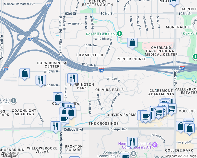 map of restaurants, bars, coffee shops, grocery stores, and more near 12810 West 108th Street in Overland Park