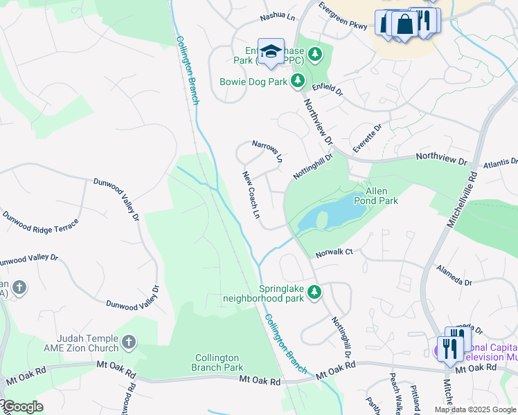 map of restaurants, bars, coffee shops, grocery stores, and more near 3201 New Coach Lane in Bowie