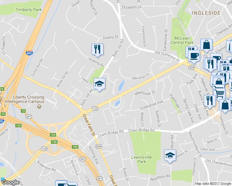map of restaurants, bars, coffee shops, grocery stores, and more near 7202 Evans Mill Road in McLean