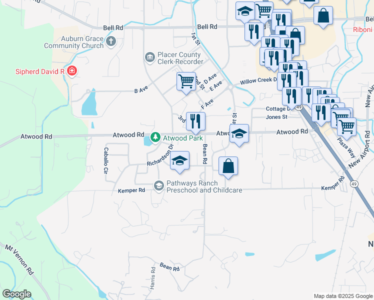 map of restaurants, bars, coffee shops, grocery stores, and more near 11450 Atwood Road in Auburn