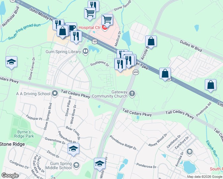 map of restaurants, bars, coffee shops, grocery stores, and more near 42256 Black Rock Terrace in Aldie