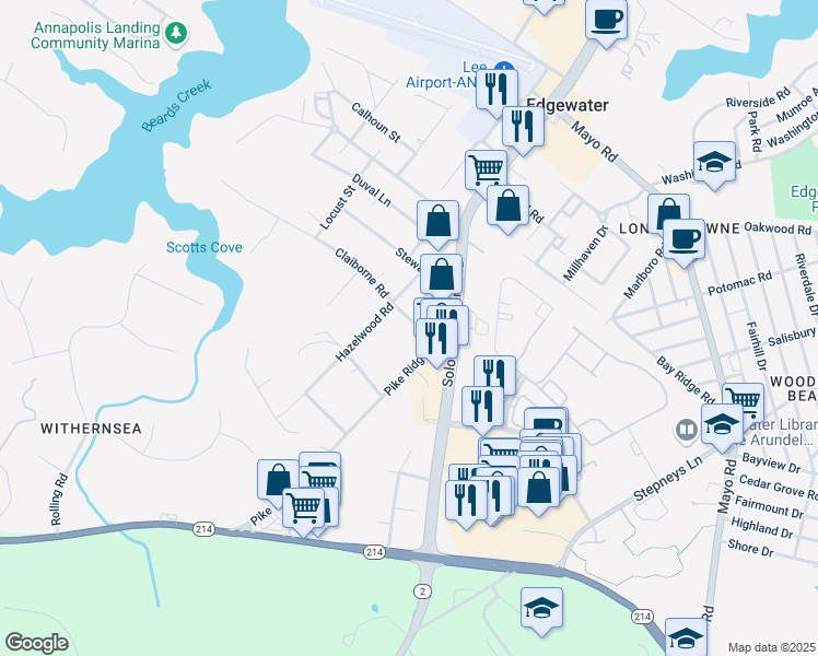 map of restaurants, bars, coffee shops, grocery stores, and more near 51 Claiborne Road in Edgewater