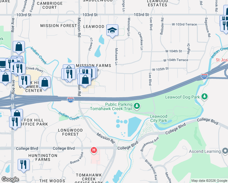 map of restaurants, bars, coffee shops, grocery stores, and more near 10524 Mohawk Lane in Leawood