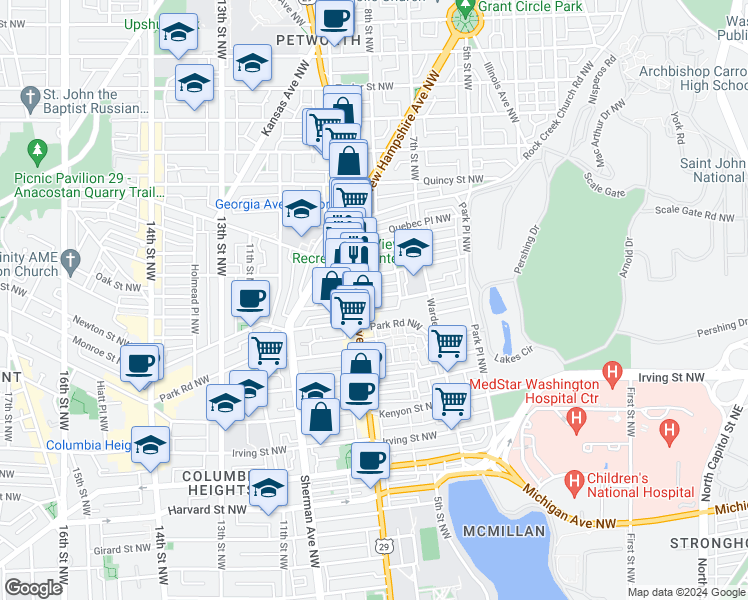 map of restaurants, bars, coffee shops, grocery stores, and more near 646 Newton Place Northwest in Washington
