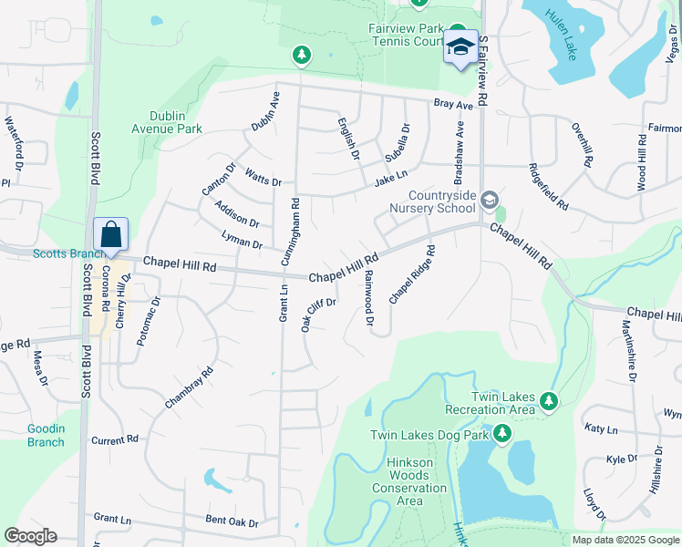map of restaurants, bars, coffee shops, grocery stores, and more near 3441 Chapel Hill Road in Columbia