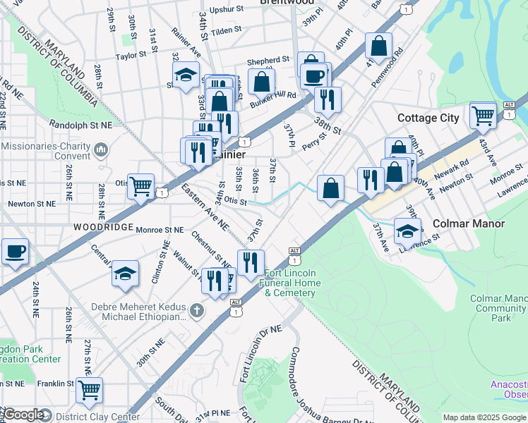 map of restaurants, bars, coffee shops, grocery stores, and more near 3603 Oak Lane in Mount Rainier