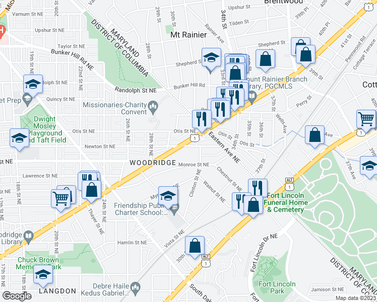 map of restaurants, bars, coffee shops, grocery stores, and more near 3119 Newton Street Northeast in Washington