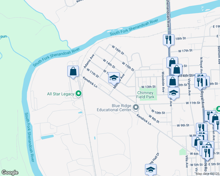 map of restaurants, bars, coffee shops, grocery stores, and more near 708 West 11th Street in Front Royal