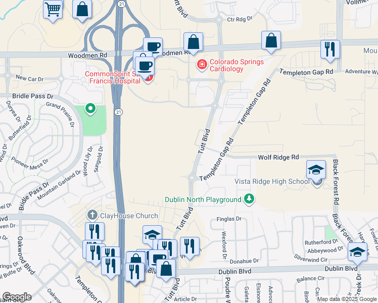 map of restaurants, bars, coffee shops, grocery stores, and more near 7044 Tutt Boulevard in Colorado Springs