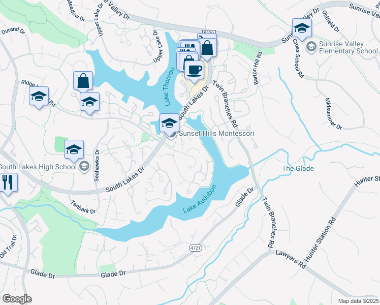map of restaurants, bars, coffee shops, grocery stores, and more near 11228 Beaver Trail Court in Reston