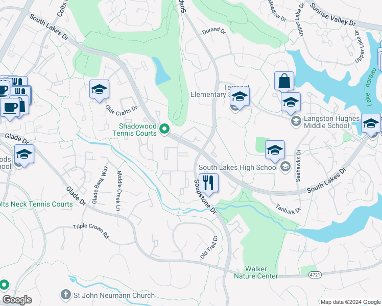 map of restaurants, bars, coffee shops, grocery stores, and more near 2239 Castle Rock Square in Reston