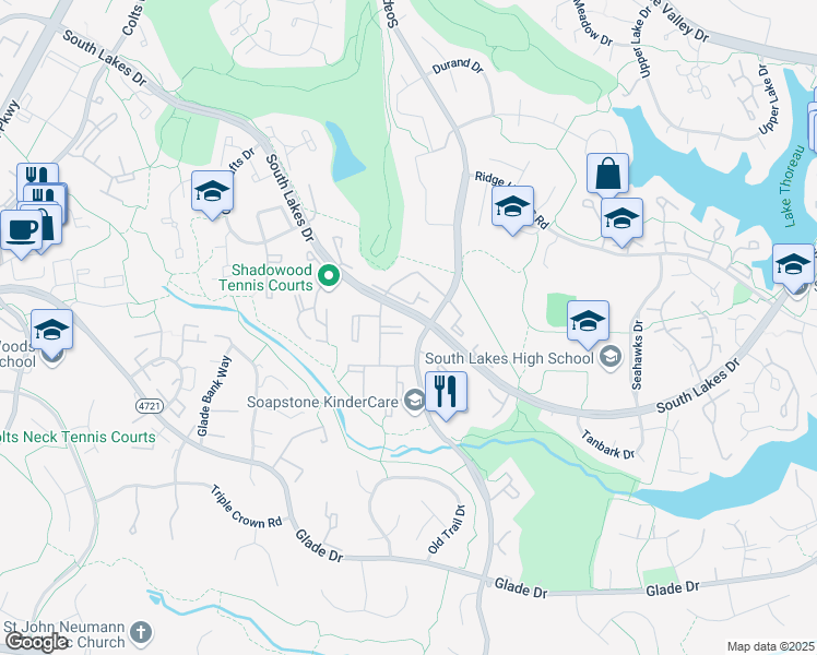 map of restaurants, bars, coffee shops, grocery stores, and more near 2239 Castle Rock Square in Reston