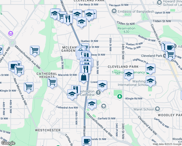 map of restaurants, bars, coffee shops, grocery stores, and more near 3315 Wisconsin Avenue Northwest in Washington