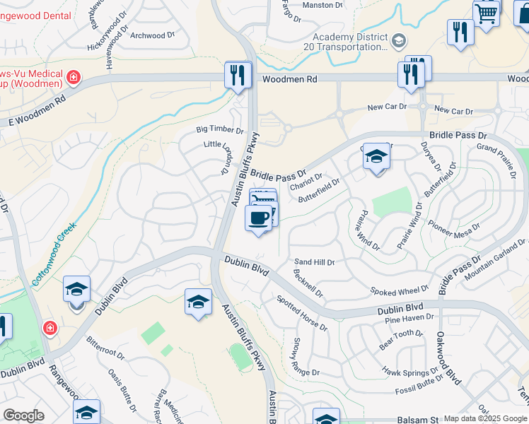 map of restaurants, bars, coffee shops, grocery stores, and more near 4741 Sand Mountain Point in Colorado Springs