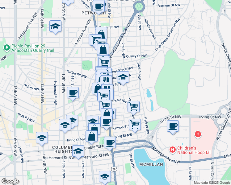 map of restaurants, bars, coffee shops, grocery stores, and more near 610 Newton Place Northwest in Washington