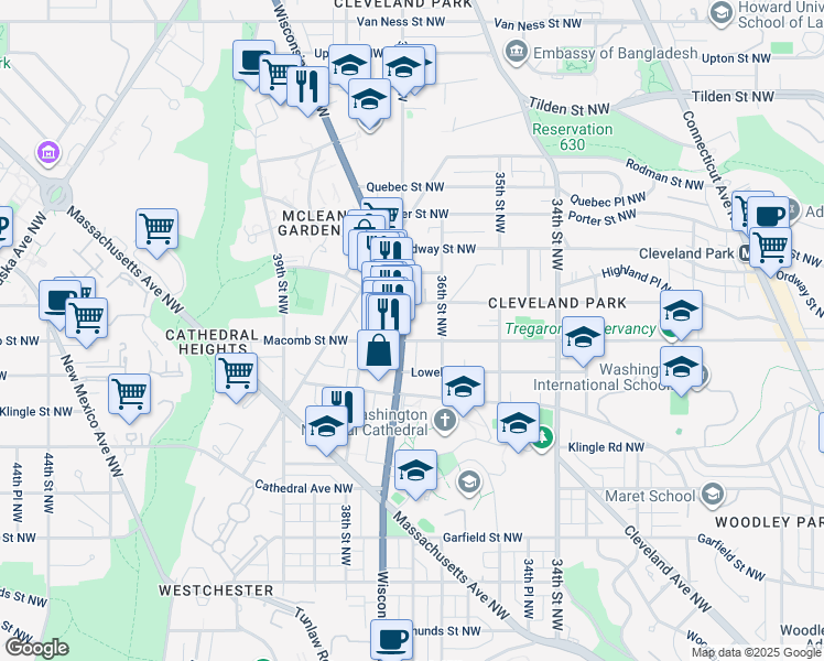 map of restaurants, bars, coffee shops, grocery stores, and more near 3315 Wisconsin Avenue Northwest in Washington