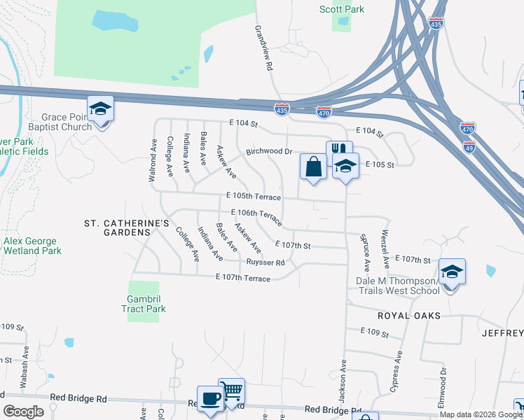 map of restaurants, bars, coffee shops, grocery stores, and more near 3702 East 106th Terrace in Kansas City