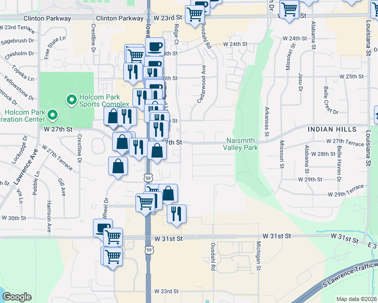 map of restaurants, bars, coffee shops, grocery stores, and more near 2704 Ridge Court in Lawrence