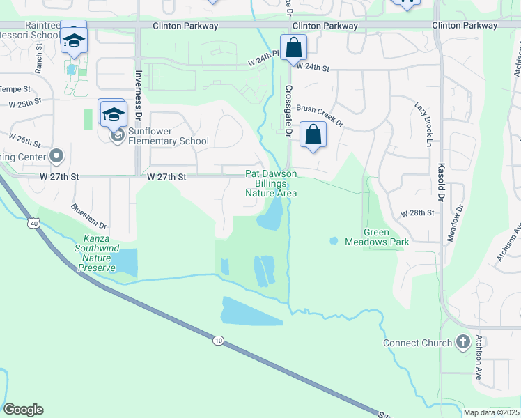 map of restaurants, bars, coffee shops, grocery stores, and more near 2724 Coralberry Court in Lawrence