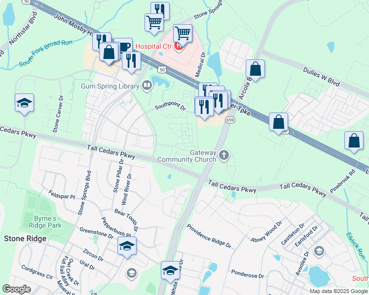 map of restaurants, bars, coffee shops, grocery stores, and more near 42248 Black Rock Terrace in Aldie