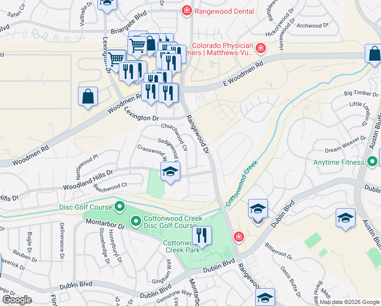 map of restaurants, bars, coffee shops, grocery stores, and more near 7110 Alpenwood Way in Colorado Springs