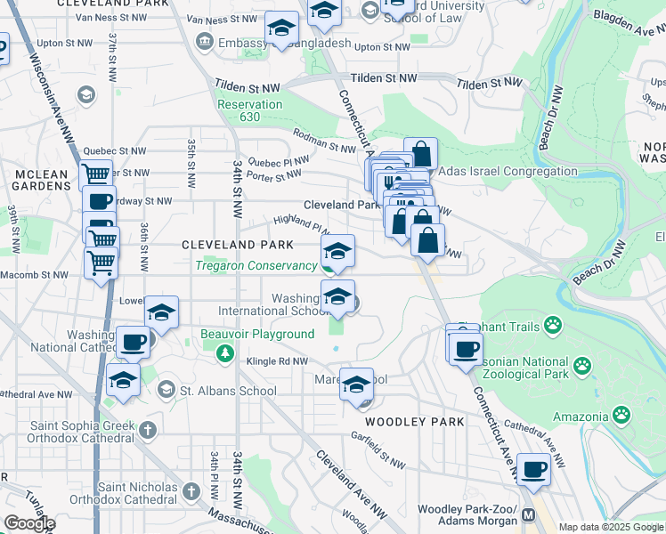map of restaurants, bars, coffee shops, grocery stores, and more near 3101 Macomb Street Northwest in Washington